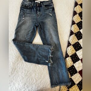 High-Rise Washed Cropped Jeans with Distressed Hem